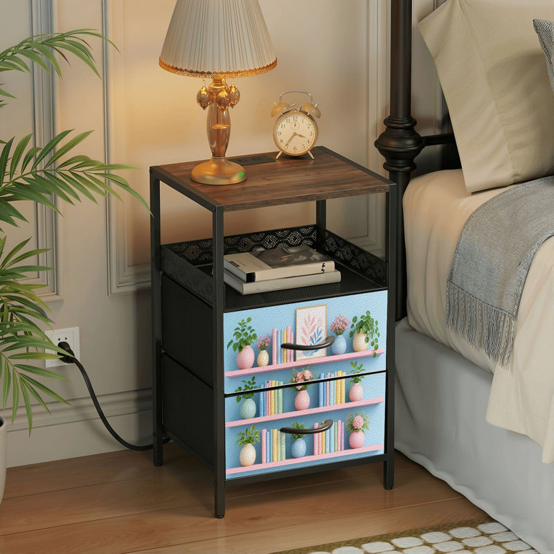Table de chevet 2 tiroirs avec station de charge, table de chevet pour chambre à coucher avec ports USB, tablette ouverte noire, table de chevet avec tablettes pastel