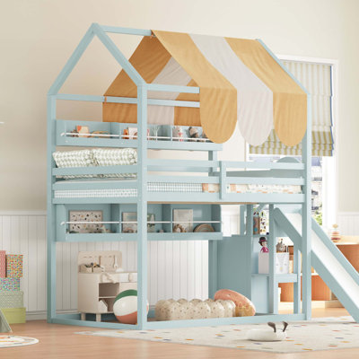 Wooden Playhouse Loft Bed with Slide and Bookshelves