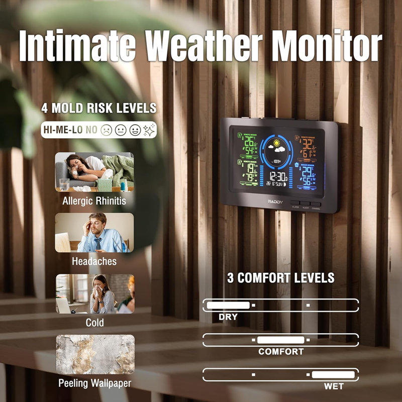 Wf-80c Weather Station Wireless Indoor Outdoor 7.5'' Large Colour Display With 3 Outdoor Sensors, Thermometer Hygrometer Barometer, Atomic Clock, Weather Forecast