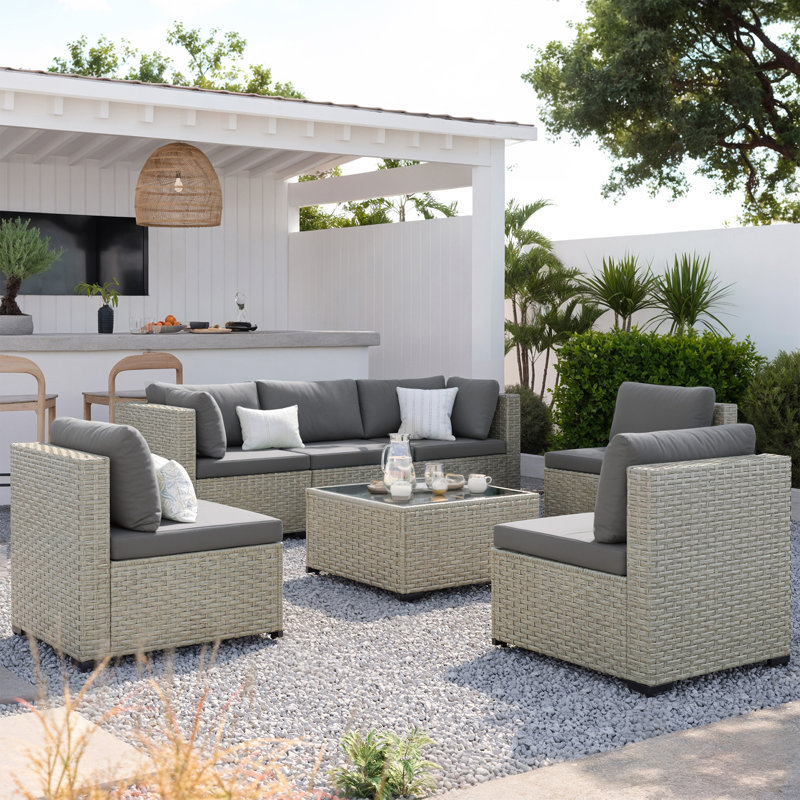 Ensemble de meubles de patio pour 6 personnes avec coussins confortables et table en verre Demasi, Gris foncé