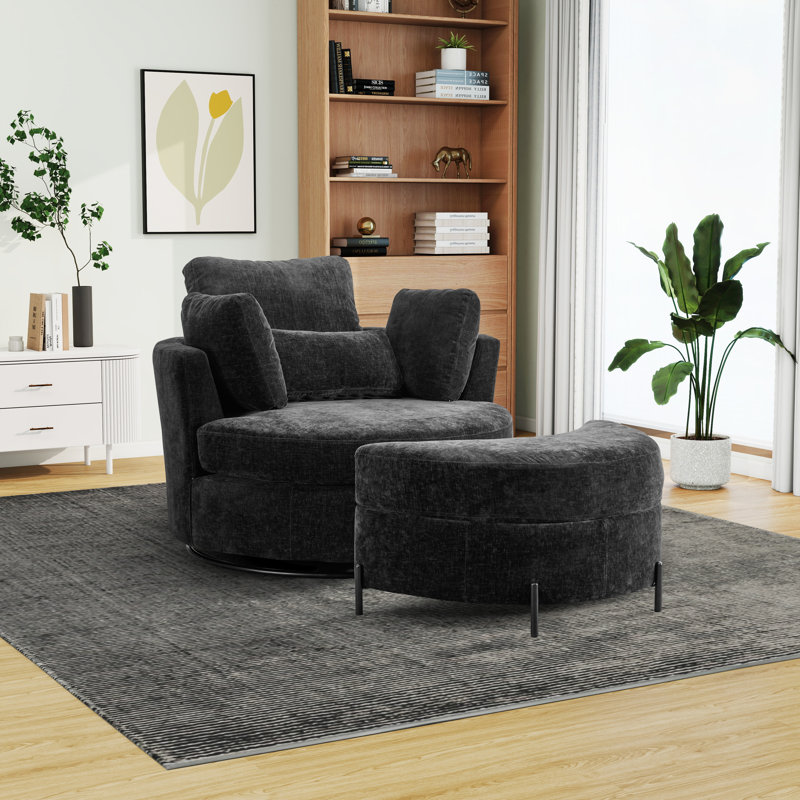 Achorn Upholstered Slipcovered Swivel Barrel Chair with Ottoman, Black Chenille