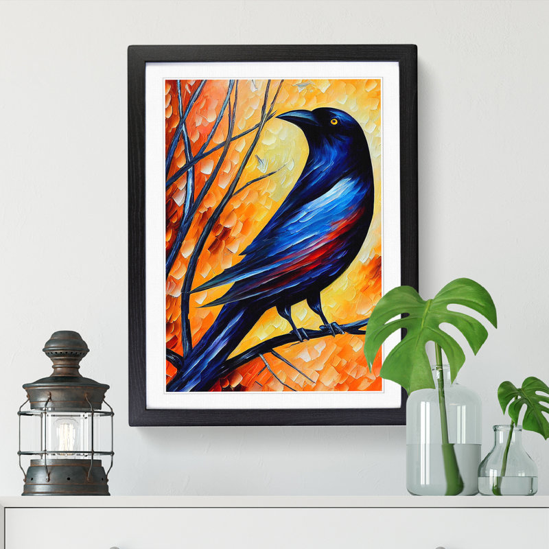 Androniki Crow Bird Painted Vol.2 - Picture Frame Print, 64cm H x 46cm W x 2cm D, Walnut