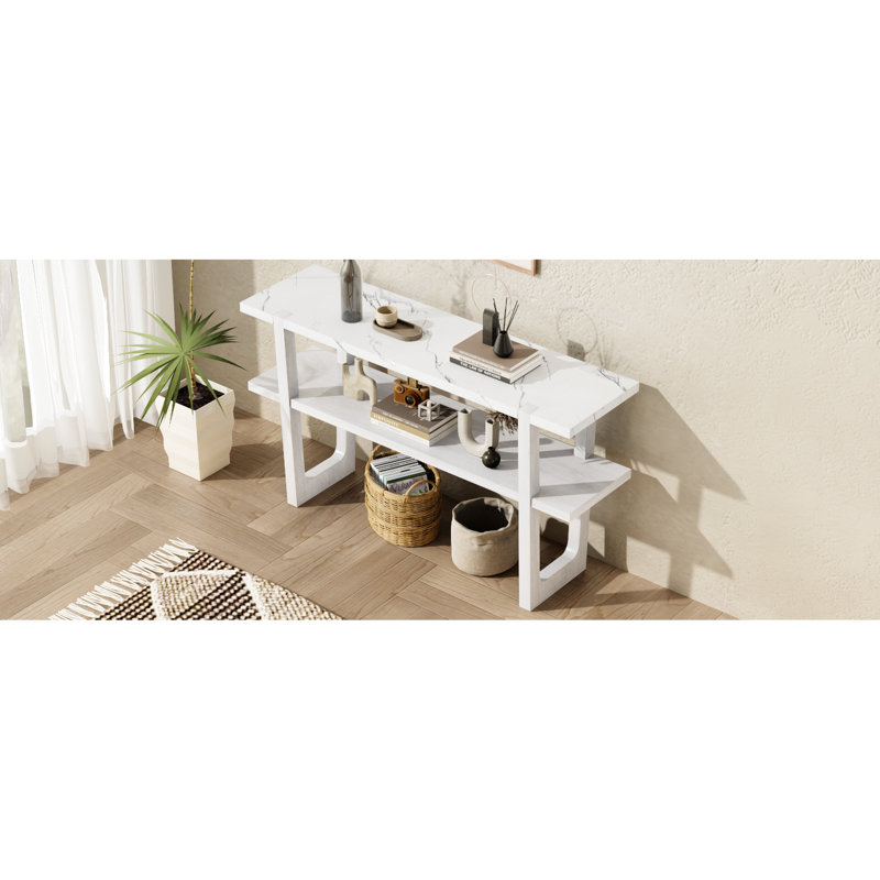 Console élégante, plateau à effet marbre pour le décor du salon rétro et options de rangement, Blanc antique