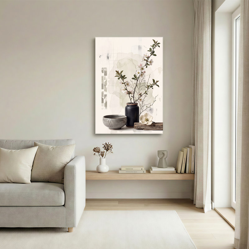 Branches fleuries blanches dans un vase sombre avec une toile abstraite, 30"H x 20"W