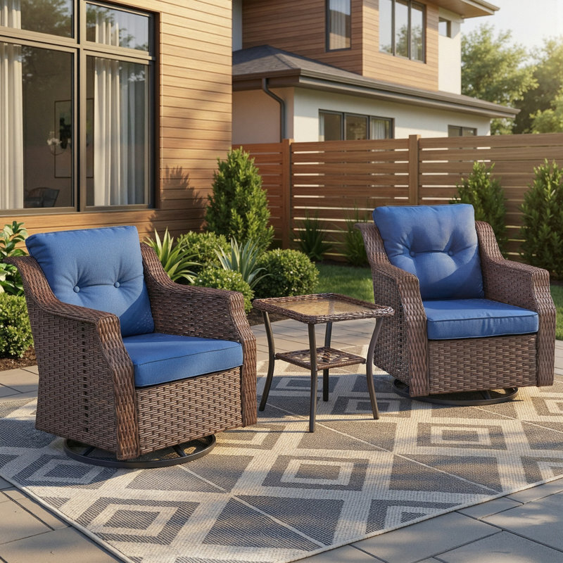 Chaises berçantes pivotantes d'extérieur en rotin 3 pièces avec table d'appoint en verre, Bleu