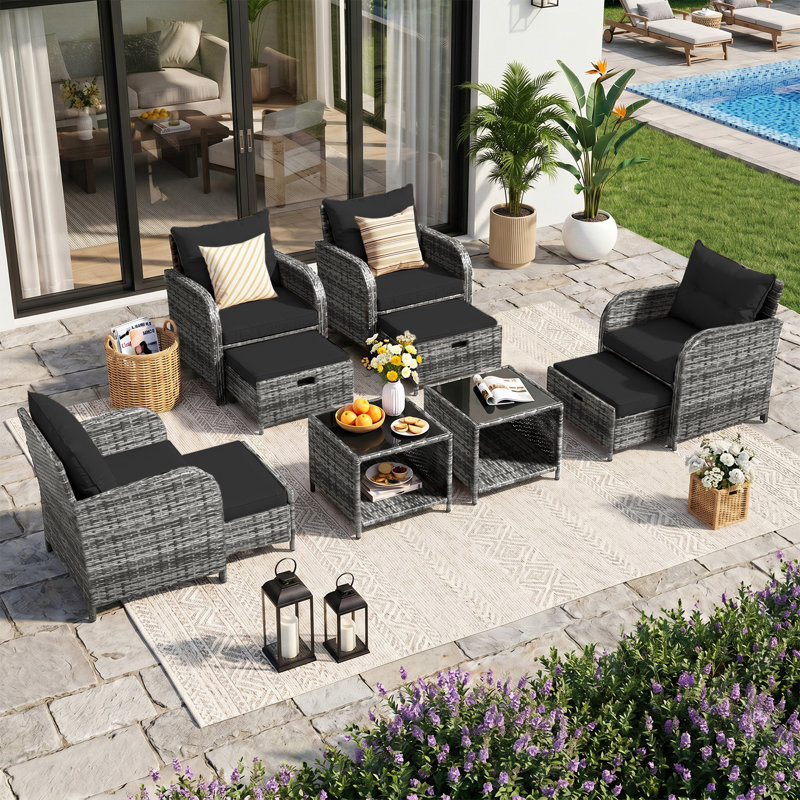 4-person Outdoor Wicker Patio Conversation Set, Modular Sectional Seating Group With Ottomans And Tempered Glass Coffee Table, Weather-resistant All-weather Furniture Set For Backyard Deck Poolside