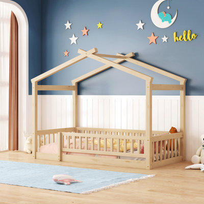 Wood Bed House Bed Frame With Fence, For Kids, Teens,Natural