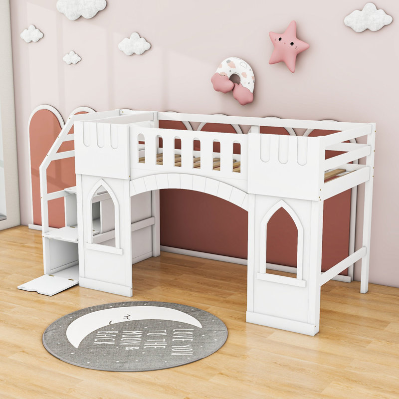Alexanne Charming Twin Loft Bed With Storage Staircase, White