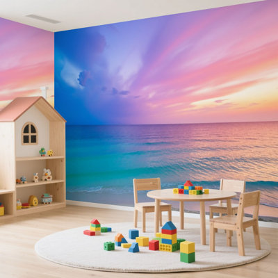 Papier peint adhésif peler et coller Serene Ocean Sunset Gradient Sky Calm Waves Sandy Beach