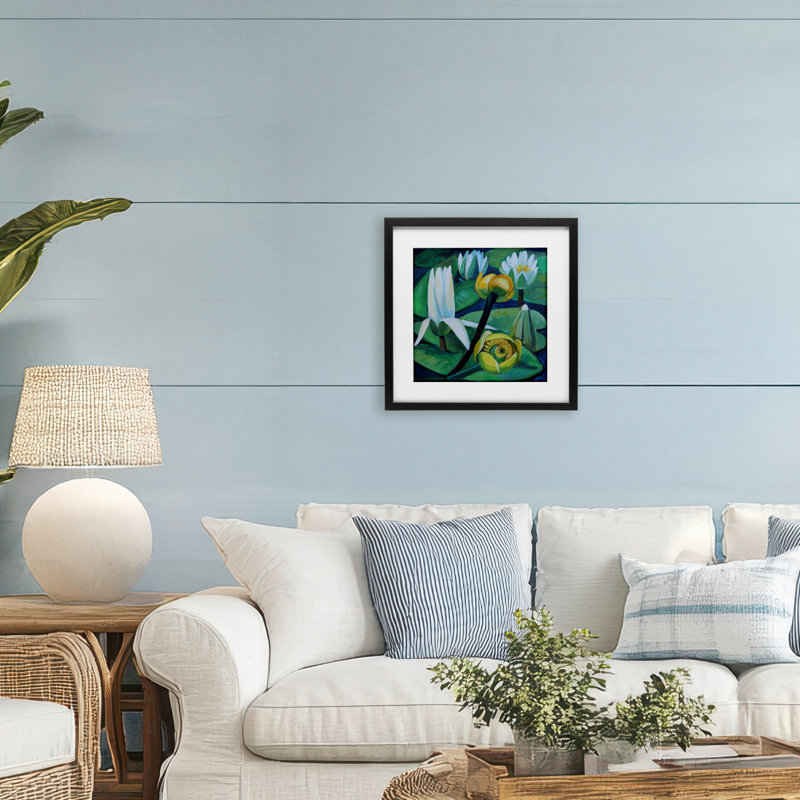 «Yellow & White Pond Lilies», reproduction sous verre encadrée, design par Violeta Vollmer, H 13 po x l 13 po