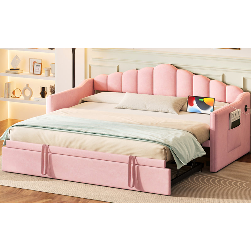 Lit de jour simple rose rembourré en velours doux, avec couchette escamotable, et type - C de charge, et poches latérales pour livres