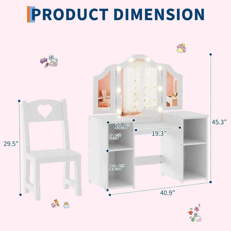 Kids Vanity Table and Chair Set with Lights Princess Vanity for Girls Makeup Desk with Jewelry Storage White, White