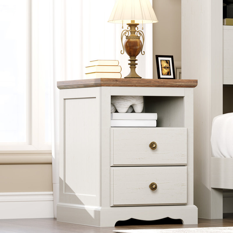 Gillreath Farmhouse Nightstand With Charging Station, Wooden Bedside Table With 2 Storage Drawers And 1 Open Storage Shelf, End Table With Metal Handle For Living Room, barnwood