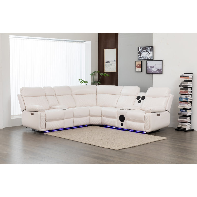Canapé modulaire inclinable électrique en cuir 98,5 po Palerem avec système audio à DEL, USB et caisson de basses
