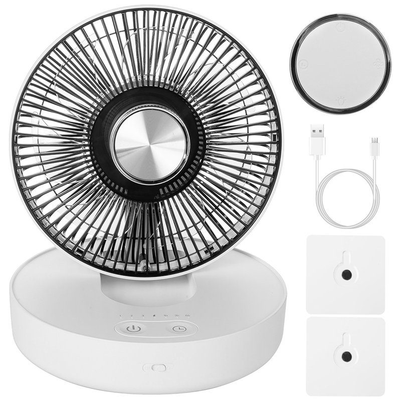 Foldable Rechargeable LED Desk Wall Mounted Fan with Magnetic Remote Hanging Oscillating, White