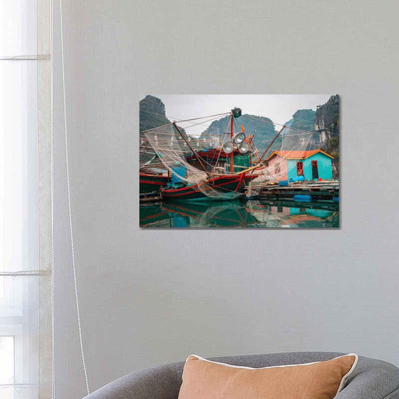 Asia, Vietnam, Quang Ninh, Ha Long Bay. Colourful Fishing Boat at Its Dock Is Reflected in Calm Bay Waters. 1 Piece Wrapped Canvas Wall Art