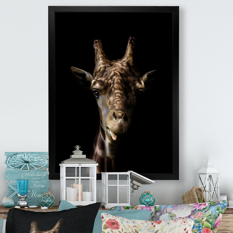 " Close Up Giraffe On Black ", Black Picture Framed Canvas, 20" H x 12" W