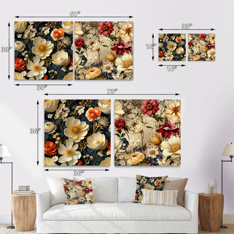 Motif floral de campagne de Meadow - ensemble de 2 peintures murales en acrylique, H 30 po x l 61 po