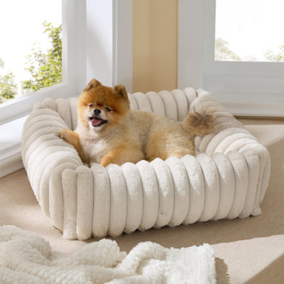 Lit pour chien mignon pour petits chiens de taille moyenne - lits pour chiots à fourrure lavables, lits rectangulaires pour animal en velours côtelé orthopédique avec housse à fermeture à glissière amovible, crème