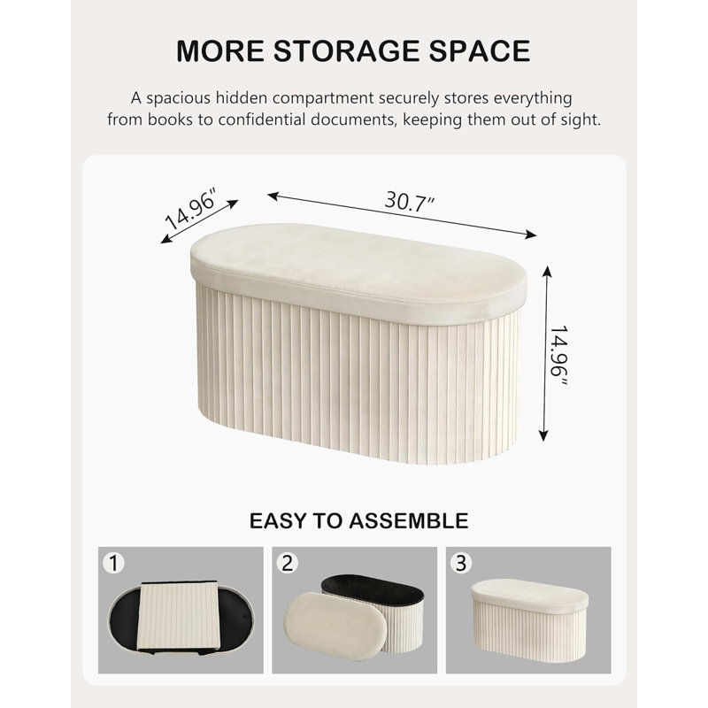 oval Storage Ottoman Bench, Velvet Foot Rest, 30 Inch Folding Chest for Living Room, Bedroom, Beige