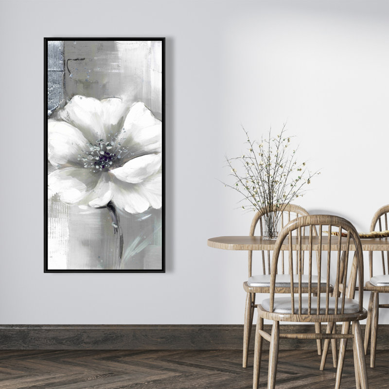Monochrome and silver flowers - 24"x48" Framed canvas