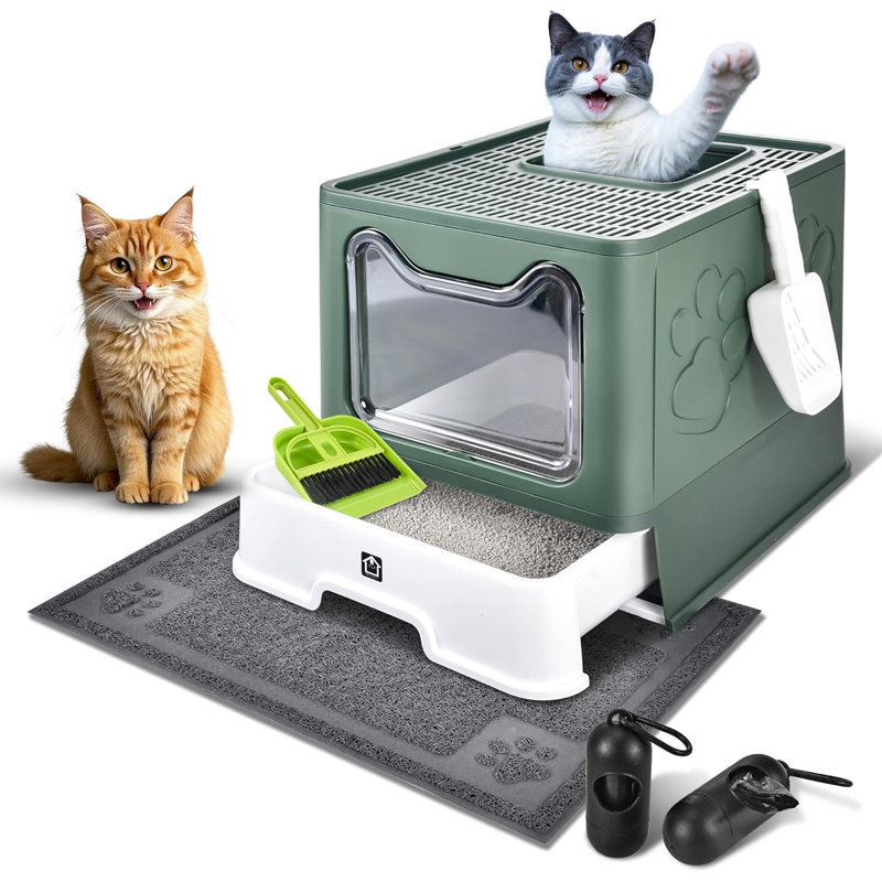 Bac à litière pour chat avec couvercle pliable, pot à litière très grand avec tiroir, entrée et sortie sans chat / anti-éclaboussures, nettoyage facile (vert)