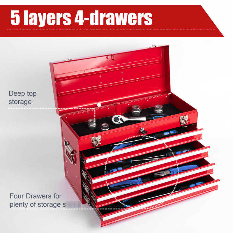 21 po, coffre à outils robuste, rouge, 4 tiroirs, rembourrage, rails de roulement, portable, boîte de rangement spacieuse, sécuritaire,