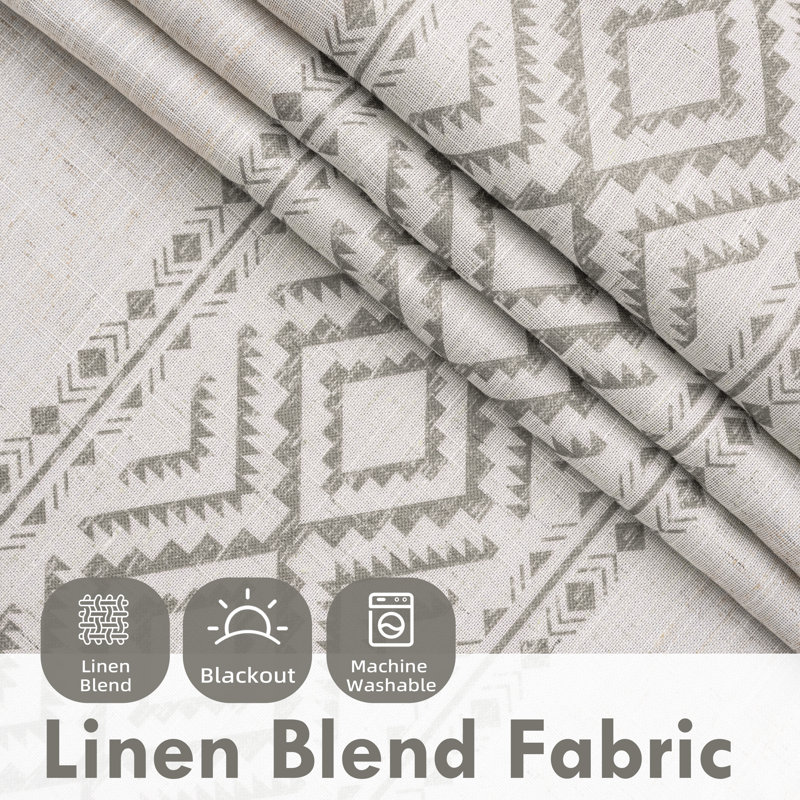 Boho Linen Blackout Curtains Double Layer Thermal Insulated Farmhouse Vintage Geo Retro Square Printed Pattern Lined Drapes for Living Room Bedroom Back Tab 2 Panels