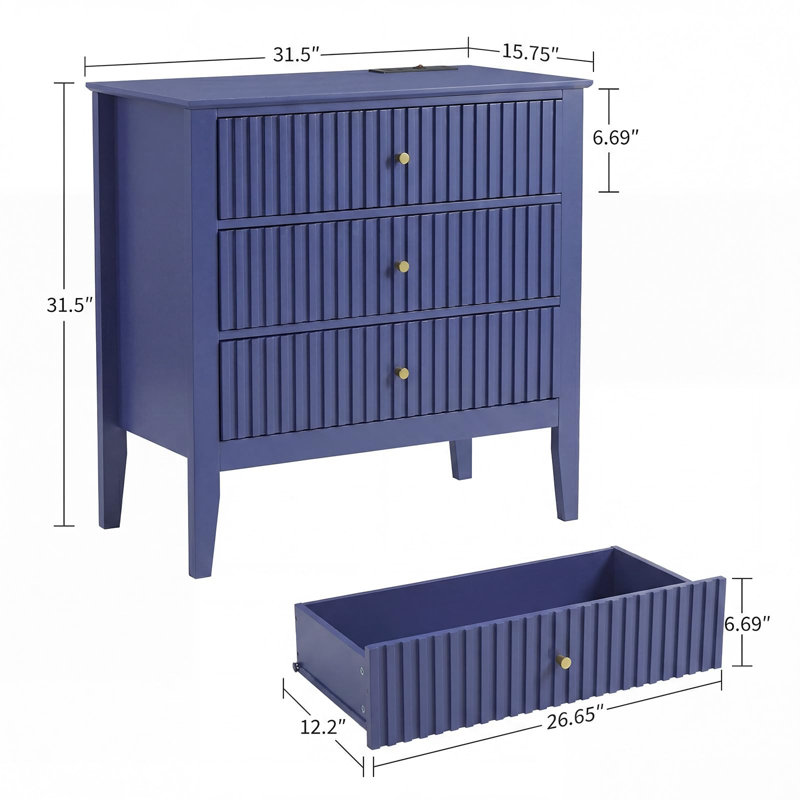 Table de chevet cannelée de 81 cm de large avec station de recharge, table de chevet à 3 tiroirs avec interrupteur et pieds surélevés