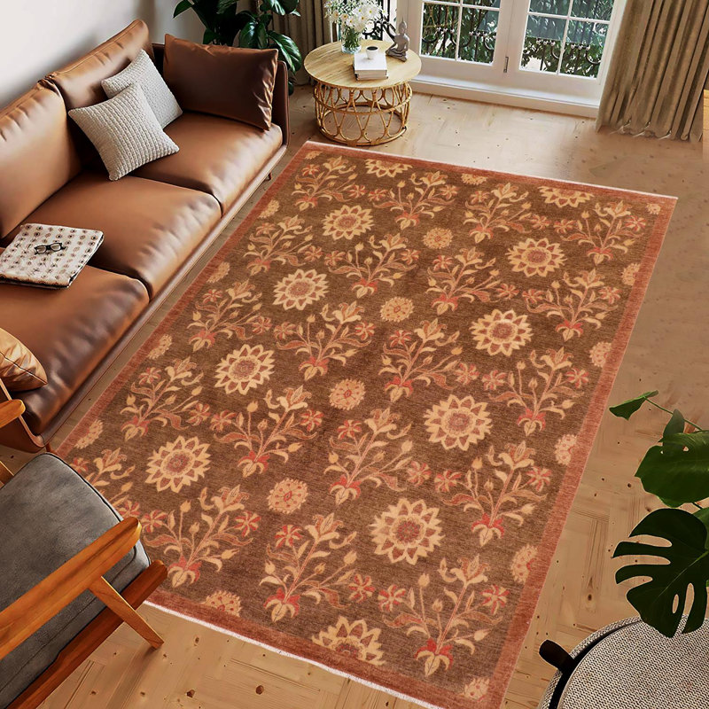 Tapis rouge / brun clair en laine noué à la main à motif floral 8 pi 1 po x 9 pi 1 po Floral