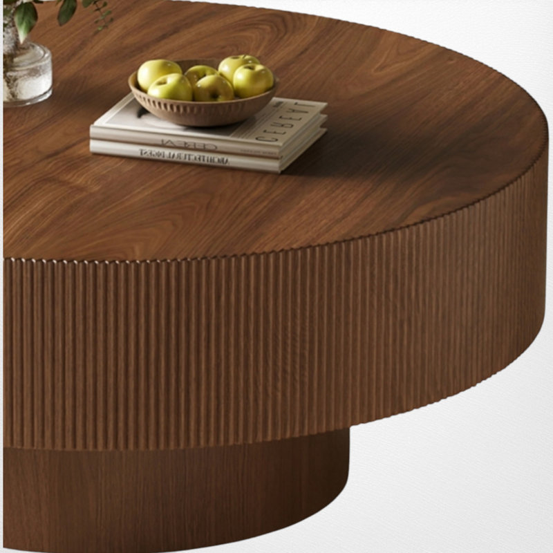 Round Coffee Table, Fluted Drum Design, Sleek & Chic Modern, Living Room Statement, Walnut, 13.73" H x 31.52" L x 31.52" W