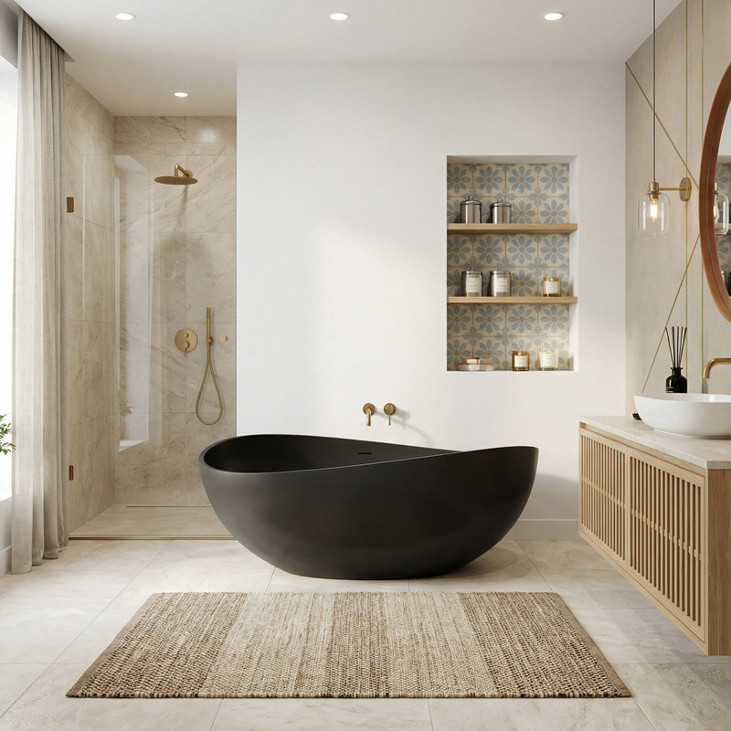 Vespa 63" x 38.6" Freestanding Soaking Stone Rein Bathtub, Matte Black