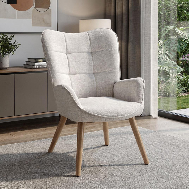  Fauteuil à oreilles en chenille capitonné beige et naturel