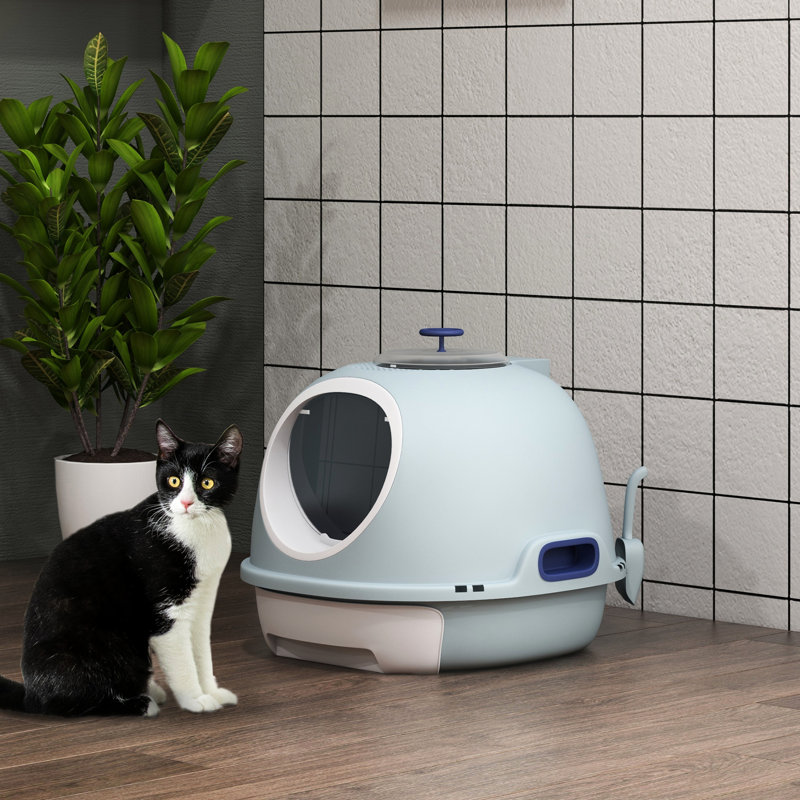 Covered Cat Litter Box, Blue - Easy Cleaning With Tray, Front Door Stopper Option, , Movable Box Lid Quick And Simple Access, Odor-managing, Portable