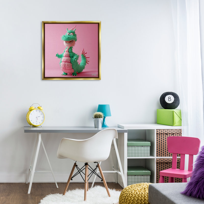 «Happy Green Dragon», art mural encadré flottant gris par RB, Cadre flottant métallique doré, H 25 po x l 25 po