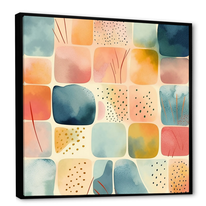 «Orange Fun Pattern Of Shapes III», art mural abstrait géométrique, H 16 po x l 16 po x P 1 po, Cadre flottant noir