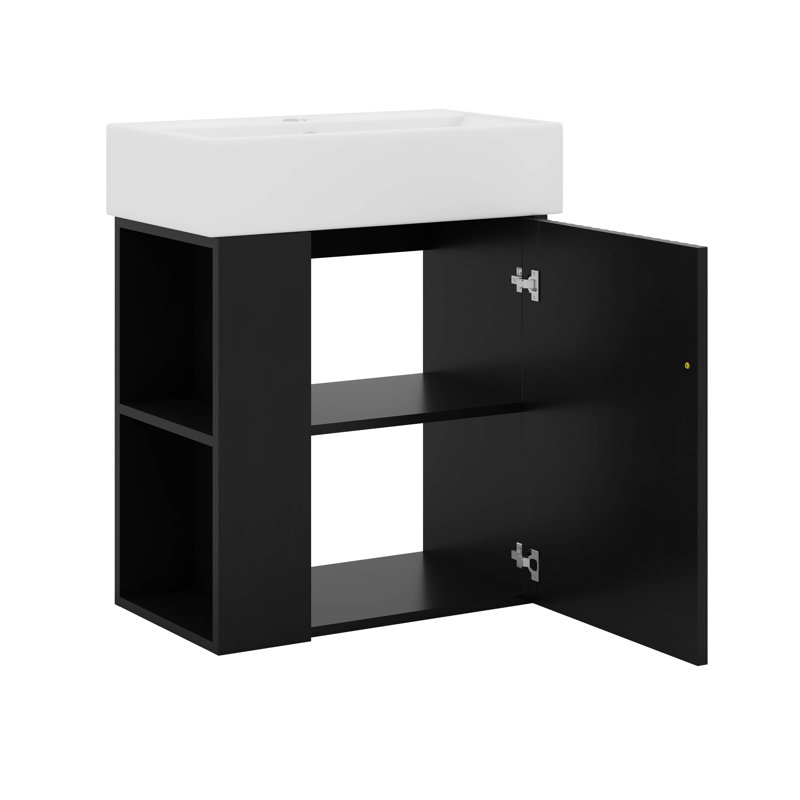 Meuble-lavabo flottant moderne avec lavabo en céramique, rangement à gauche, Noir