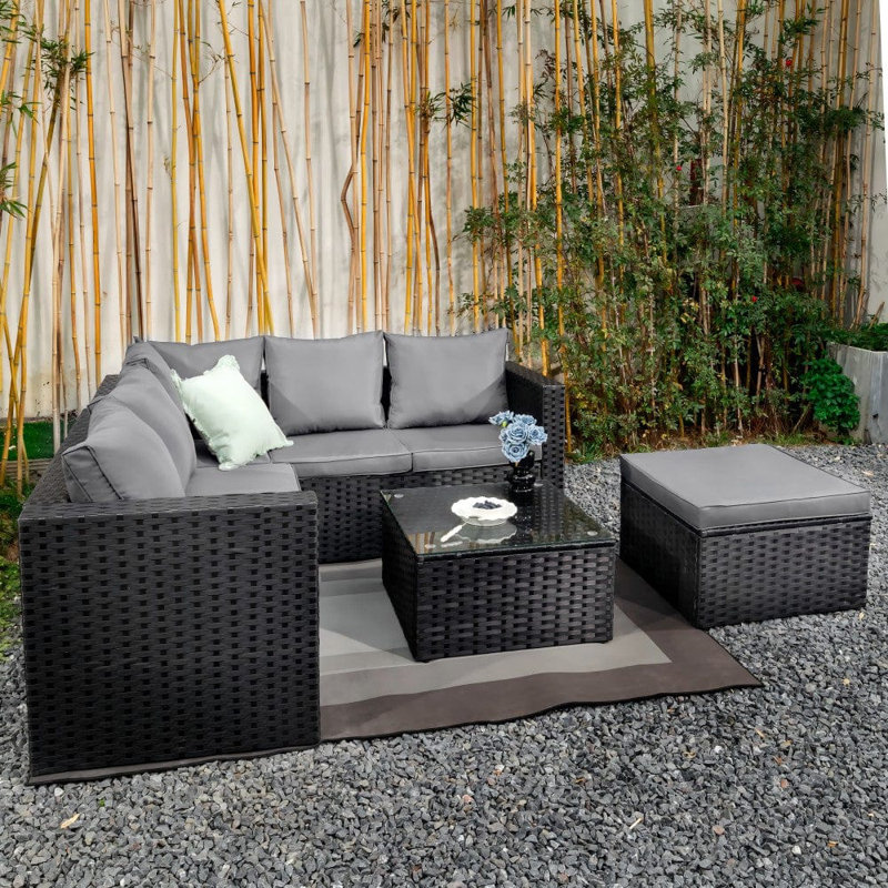 Farrahn Rattan 6 - Person Seating Group with Cushions, Black