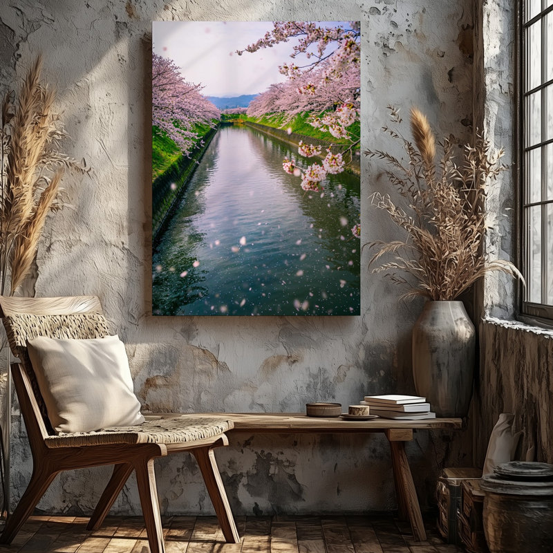 Toile, "Un paysage serein avec une rivière tranquille bordée de verdure et d'art de cerisiers en fleurs en pleine floraison"