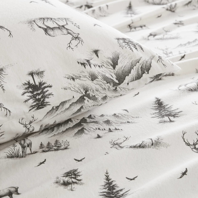 Ensemble de draps 4 pièces en jacquard gris cerf, 100% flanelle de coton brossé pour plus de douceur, White/Grey