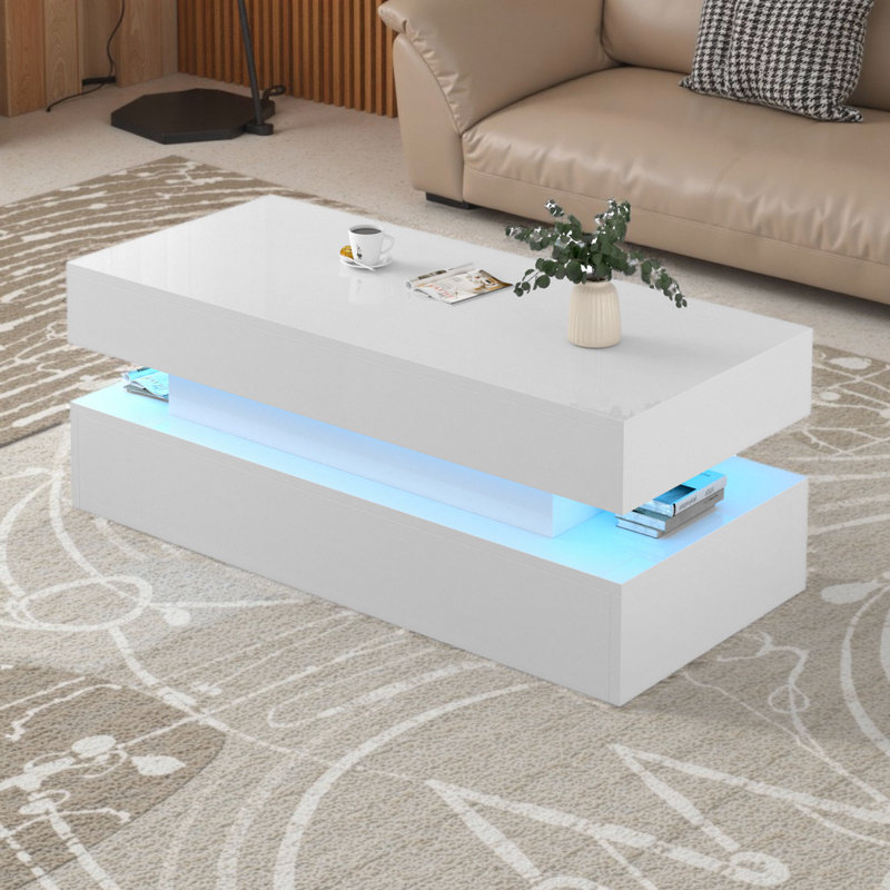 Table basse pliante à trois niveaux - Panneau de fibres à densité moyenne blanc avec lumières DEL et tiroirs