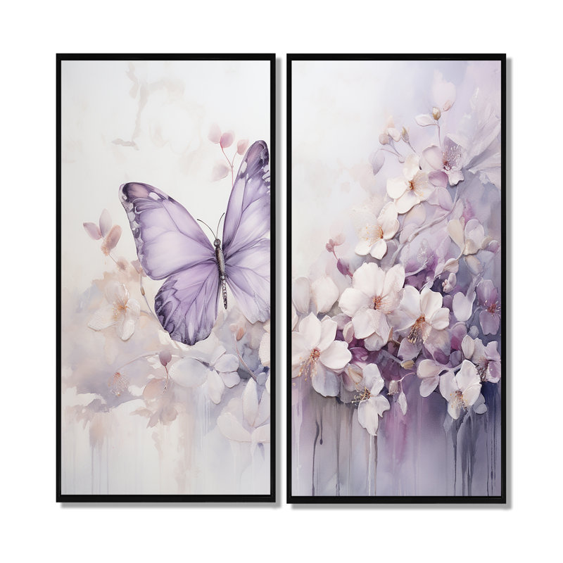 Papillon mauve Enchanted Flight II - ensemble de 2 impressions sur toile modernes, 32" H x 32" W, Noir