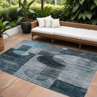 Tapis extérieur lavable à motif géométrique bleu sarcelle et gris anthracite 10 pi x 14 pi