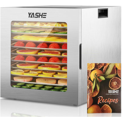 Déshydrateur alimentaire YASHE, 10 séchoirs en acier inoxydable, 10 préréglages, minuterie 48H et contrôle de la température, déshydrateurs 850W pour les aliments et les saucisses, herbes, viande, fruits, gâteries pour chiens, livre de recettes inclus