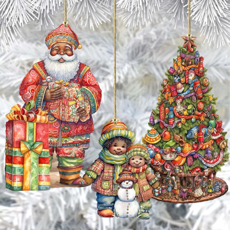 Ensemble de 3 ornements en bois de père Noël d'inspiration afro-américaine