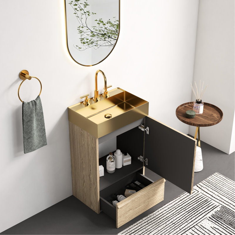 Meuble-lavabo en chêne rayé de 20 po, lavabo en métal doré brossé, porte à fermeture douce, poignée dissimulée, tiroir de qualité intégrée E1, conception facile à nettoyer
