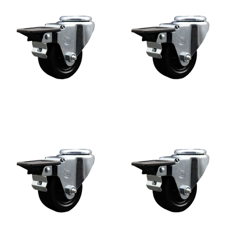 3 Inch Hard Rubber Wheel Swivel Bolt Hole Caster Set with Posi Lock Brakes SCC