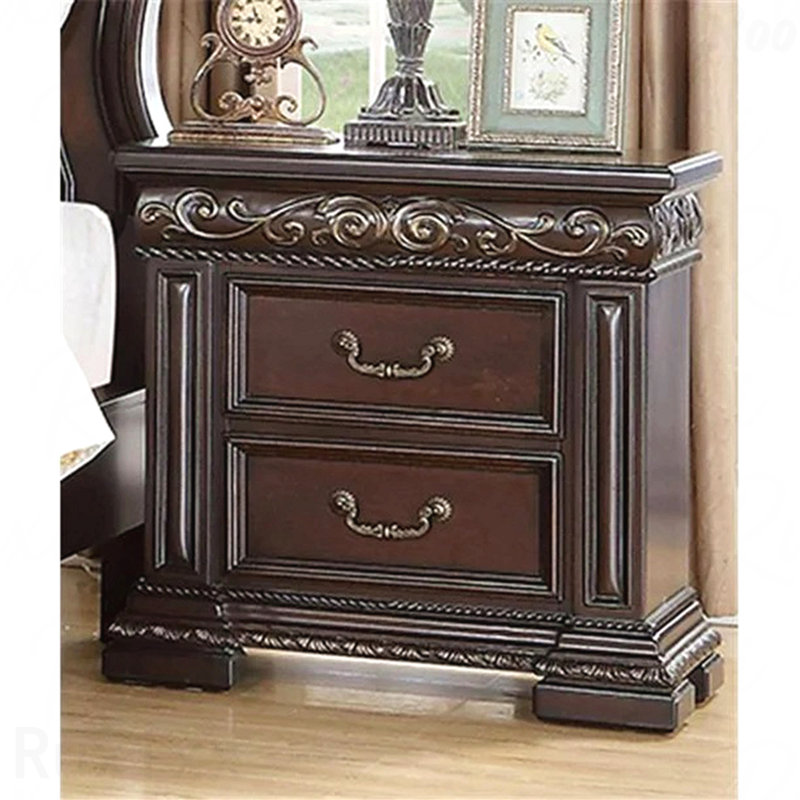 Traditional Ornate 2-Drawer Nightstand (Dark Cherry Finish)