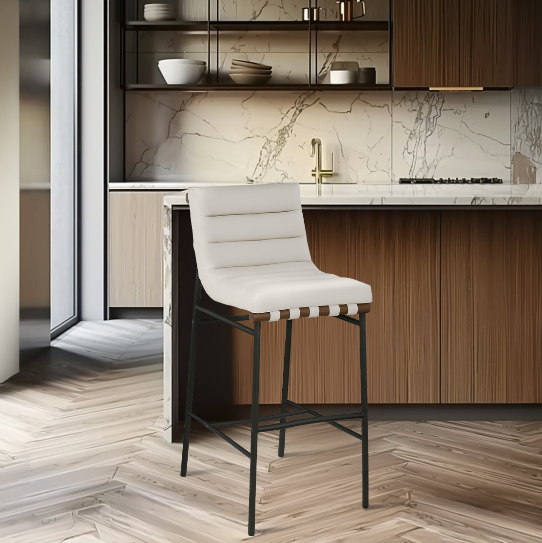 " Bar Stool, Soft Cream Faux Leather, Bar Stool (29.9" Seat Height)