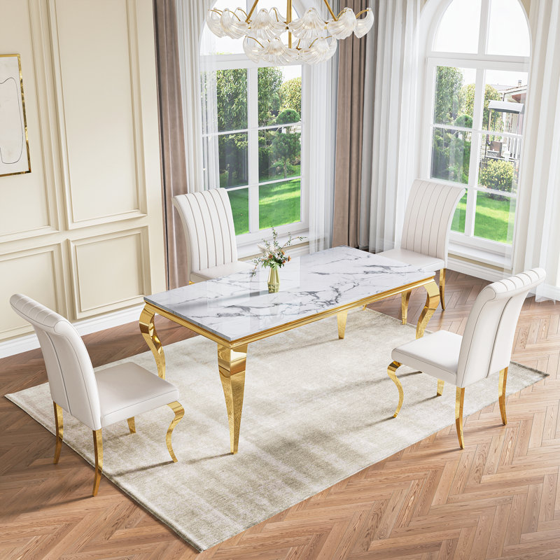 70" Large Rectangular Marble Dining Table, Elegant Faux Marble Kitchen Table With S-Shape Stainless Steel Legs, Luxury Dining Table